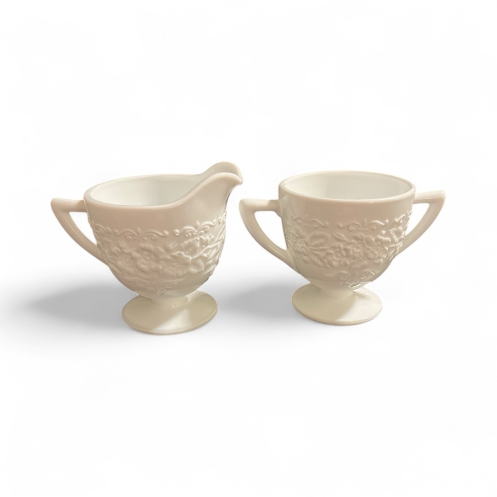 Vintage Indiana Glass "Orange Blossom" milk glass creamer and sugar bowl set
